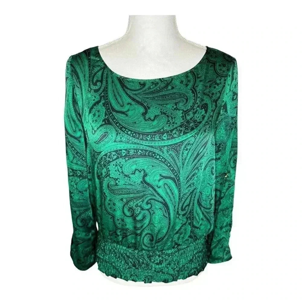 MICHAEL KORS Women's Size P Green & Black Paisley-Print Kimono Top